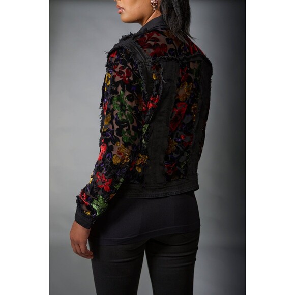 Adore Denim Sheer Panel Embroidered Velvet Floral Fringe Jacket Small Black - Picture 3 of 13